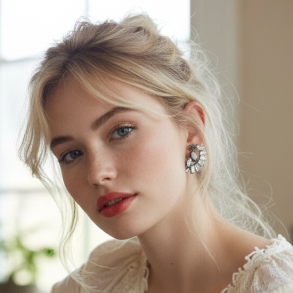 NWT Banana Republic Opal Fan Silver Art Deco Crystal Baguette Earrings - Picture 2 of 12